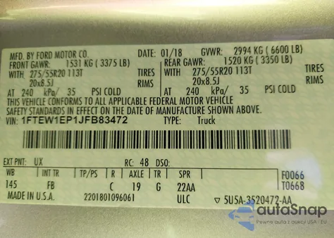 2018 Ford F-150 Xlt из США, поврежденный, VIN 1FTEW1EP1JFB83472